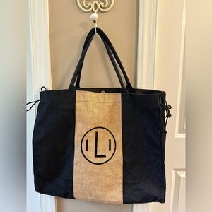 Mud Pie Chelsea Tan & Black Jute Large Weekender Tote Bag with L Monogram